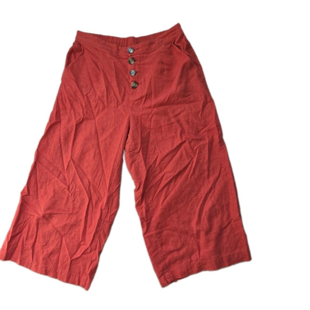 A New Approach ANA Red Linen Blend Wide Leg Cropped Pants Button Front Sz M EUC